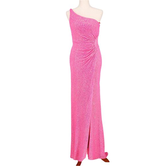 La Femme Women Pink Sequin Formal One-Shoulder Open Back Long Prom Dress Size 8 - Picture 2 of 6